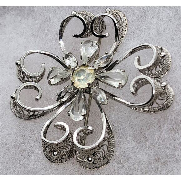 BROOCH/PIN-AM LEE-Vintage-Filigree-Sterling-Rhinestones - Picture 7 of 12